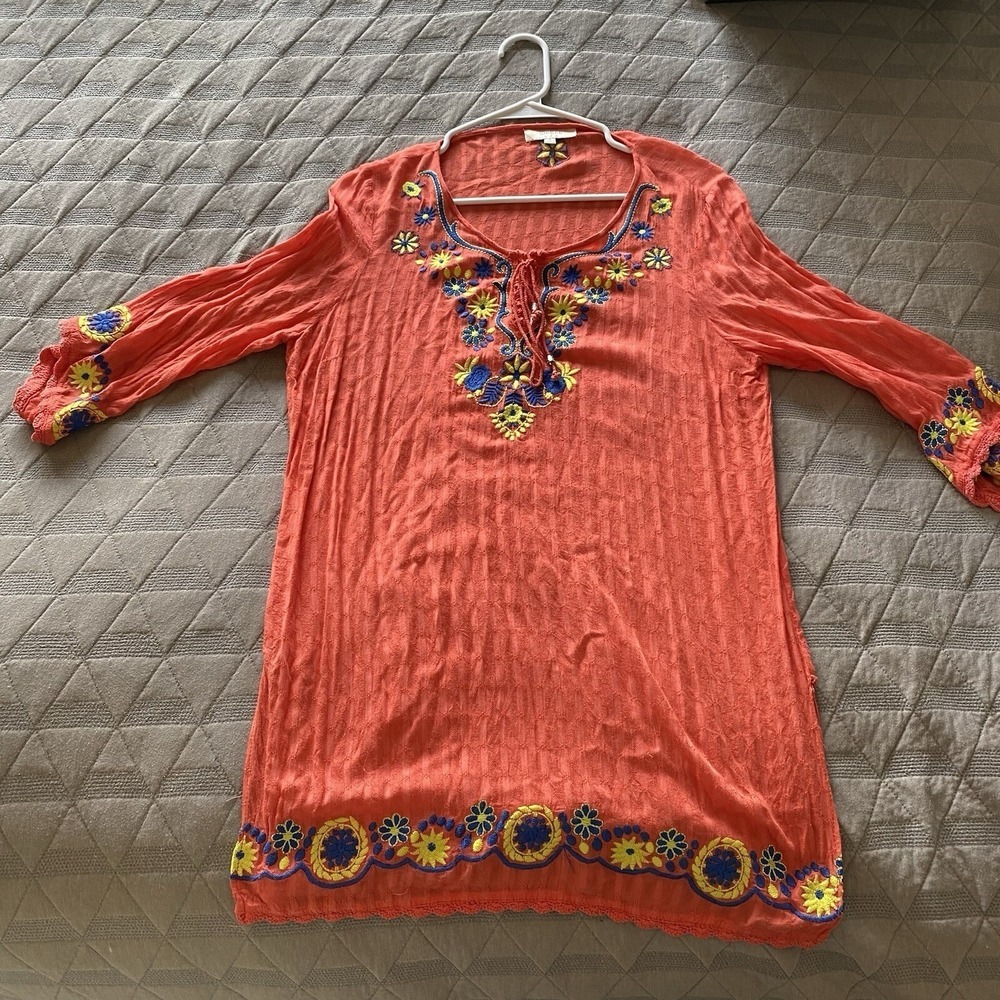 Umgee Coral Embroidered Boho Tunic Top Floral Peasant Blouse Women's L - Picture 9 of 9